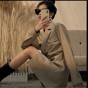 Zara Soft Stretch Faux Leather Mini Wrap Dress Tan Mango M NWT Bloggers